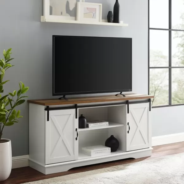 Tv Stands & Media Consoles-Kirkland's Home Sliding Door Rustic Oak Top Tv Stand White