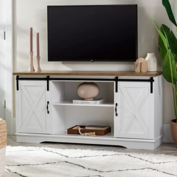 Tv Stands & Media Consoles-Kirkland's Home Sliding Door Rustic Oak Top Tv Stand White