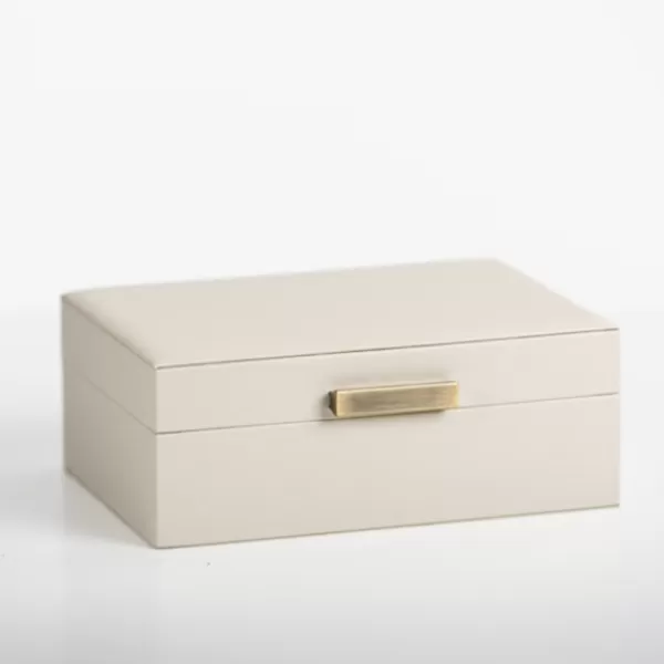 Baskets & Boxes-Kirkland's Home Small Beige Leather Brass Handle Box Ivory