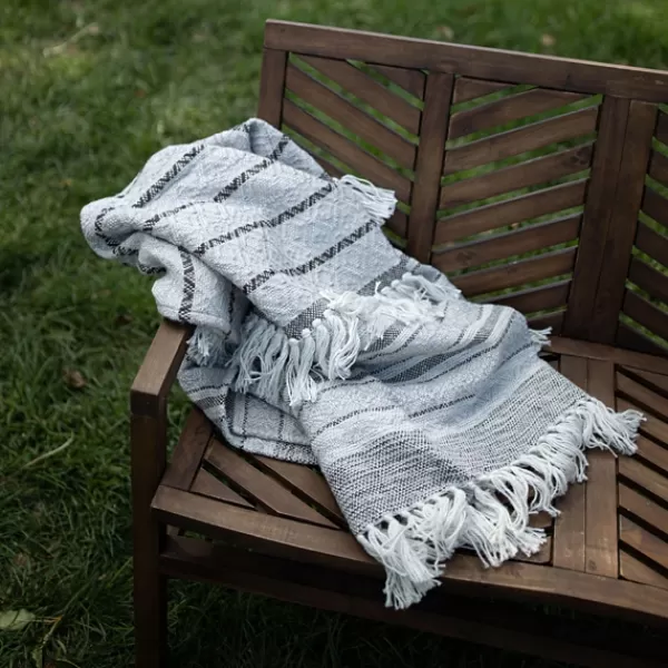 Blankets & Throws-Kirkland's Home Smokey Gray Fringe Stripe Outdoor Throw Blanket Gray/White