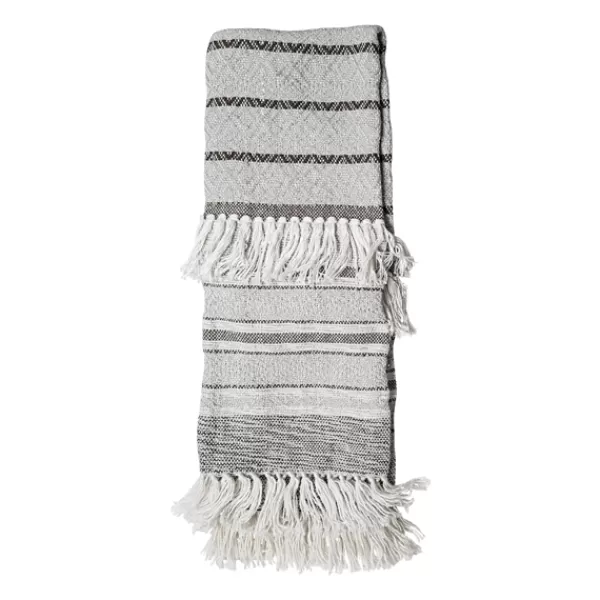 Blankets & Throws-Kirkland's Home Smokey Gray Fringe Stripe Outdoor Throw Blanket Gray/White