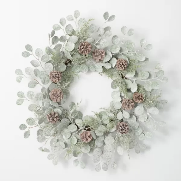 Wreaths-Kirkland's Home Snow Dusted Eucalyptus And Pinecone Wreath Green/Brown/White