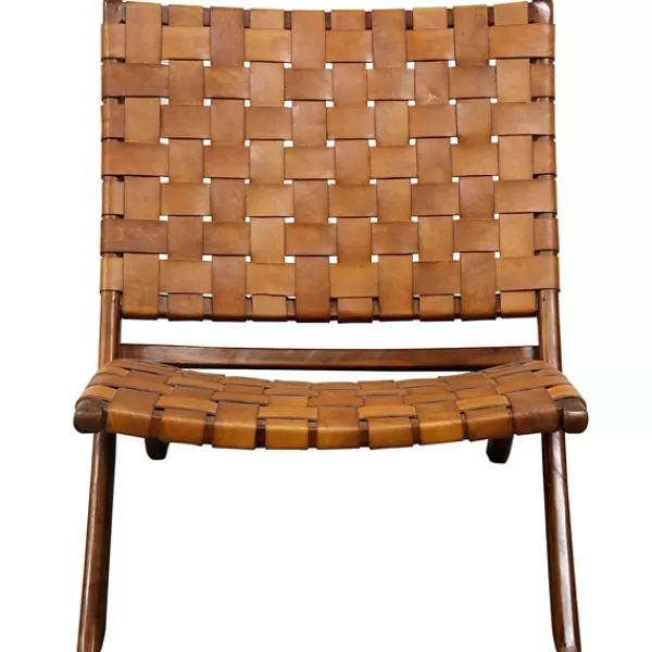 Accent Chairs-Kirkland's Home Solid Teak And Genuine Leather Lounge Chair Brown