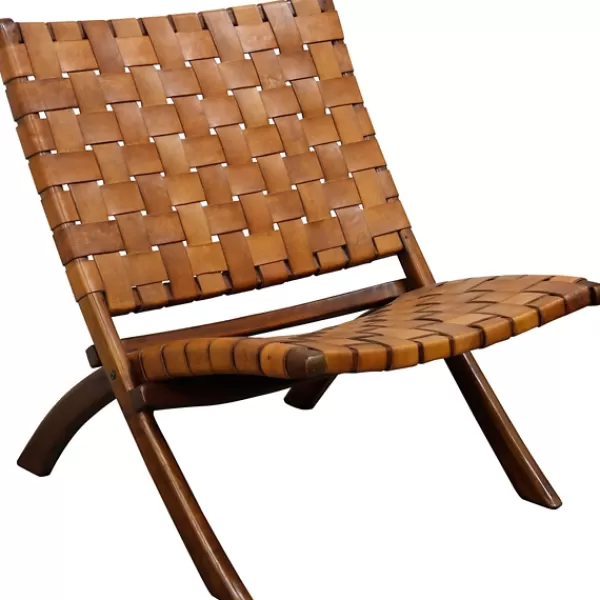 Accent Chairs-Kirkland's Home Solid Teak And Genuine Leather Lounge Chair Brown