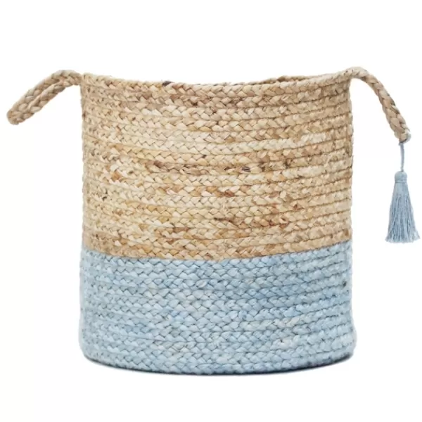 Baskets & Boxes-Kirkland's Home Spa Blue And Tan Woven Basket With Tassel, 17 In. Blue/Tan
