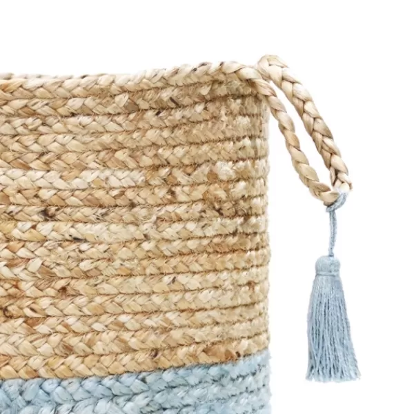 Baskets & Boxes-Kirkland's Home Spa Blue And Tan Woven Basket With Tassel, 17 In. Blue/Tan