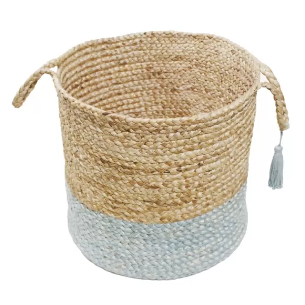 Baskets & Boxes-Kirkland's Home Spa Blue And Tan Woven Basket With Tassel, 17 In. Blue/Tan