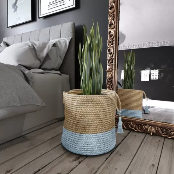 Baskets & Boxes-Kirkland's Home Spa Blue And Tan Woven Basket With Tassel, 17 In. Blue/Tan