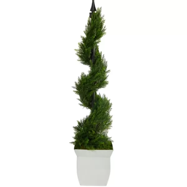 Trees & Topiaries-Kirkland's Home Spiral Cypress Topiary In White Planter, 48 In.