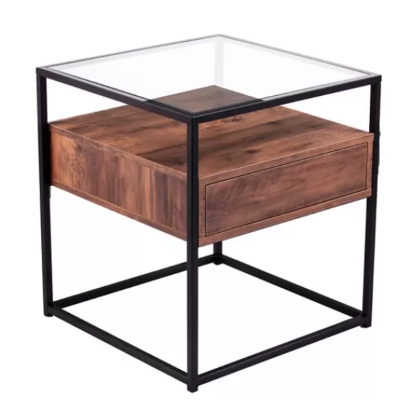 Accent & End Tables-Kirkland's Home Square Metal And Wood Glass Top Accent Table Brown