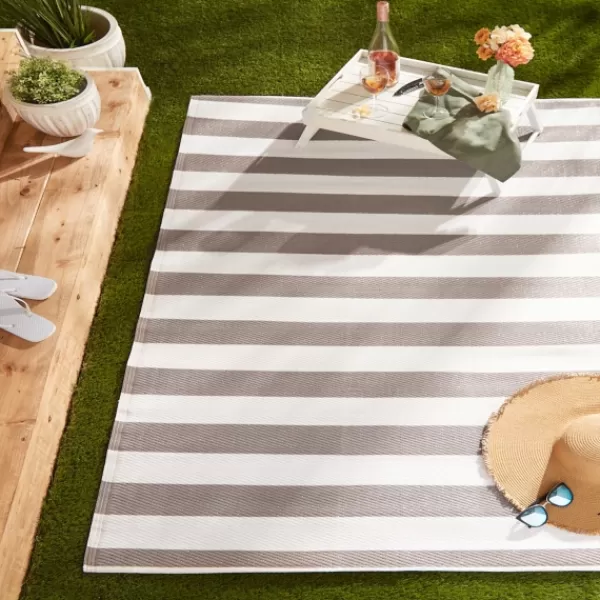 Outdoor Rugs-Kirkland's Home Stone And White Rugby Stripe Outdoor Area Rug, 4X6 Gray/White