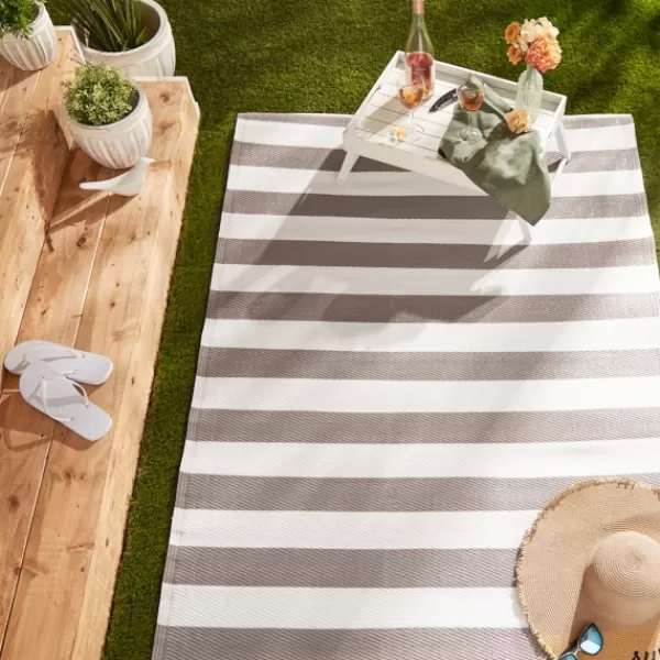 Outdoor Rugs-Kirkland's Home Stone And White Rugby Stripe Outdoor Area Rug, 4X6 Gray/White