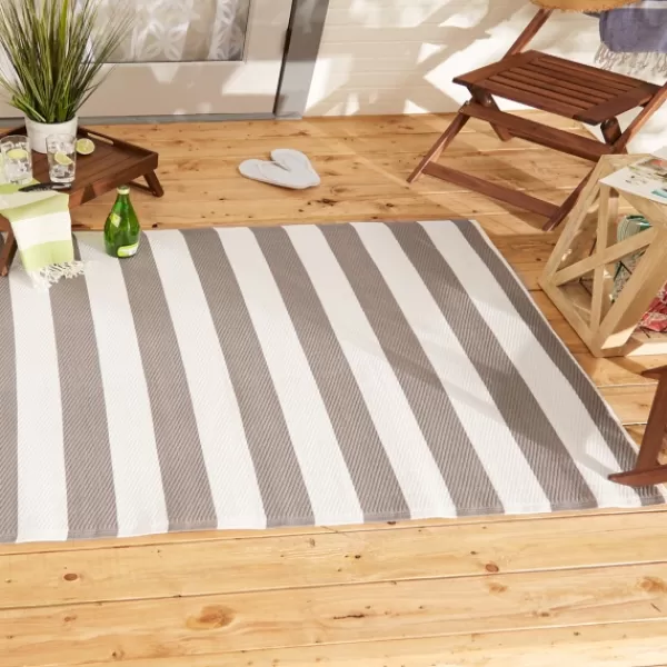 Outdoor Rugs-Kirkland's Home Stone And White Rugby Stripe Outdoor Area Rug, 4X6 Gray/White