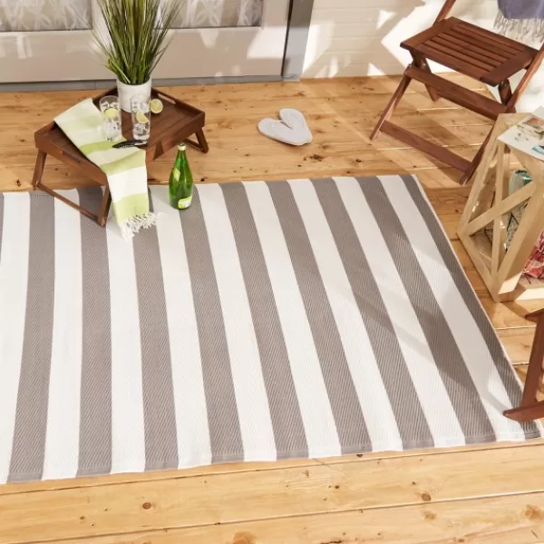 Outdoor Rugs-Kirkland's Home Stone And White Rugby Stripe Outdoor Area Rug, 4X6 Gray/White