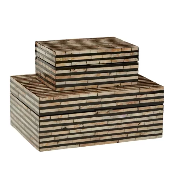 Baskets & Boxes-Kirkland's Home Striped Mother Of Pearl Shell Wood Boxes, Set Of 2 Tan/Gray