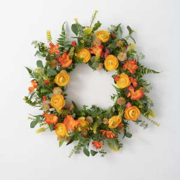 Wreaths-Kirkland's Home Summer Blooming Ranunculus Thistle Wreath Green/Yellow/Orange