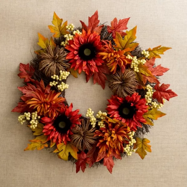 Wreaths-Kirkland's Home Sunflower And Pumpkin Rattan Wreath Orange/Brown