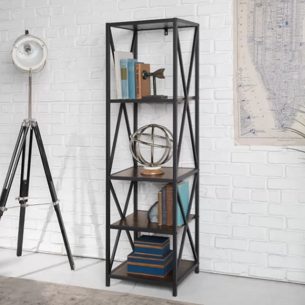 Office Furniture-Kirkland's Home Tall Metal X-Framed Dark Walnut Bookshelf Brown