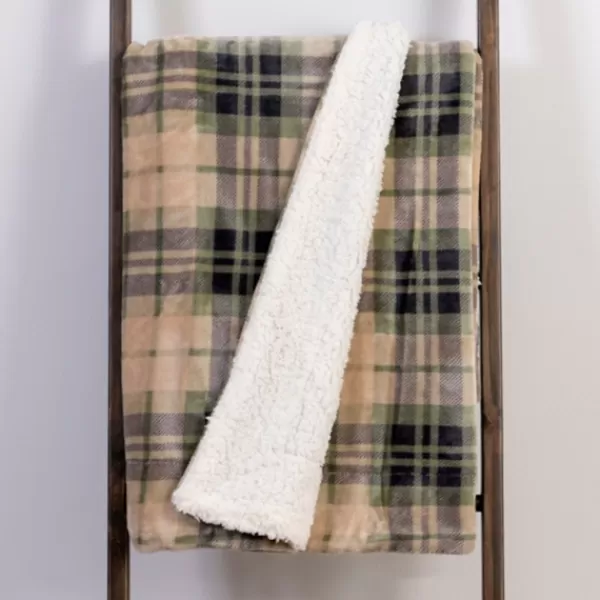 Blankets & Throws-Kirkland's Home Tan And Green Plaid Sherpa Throw Tan/Green