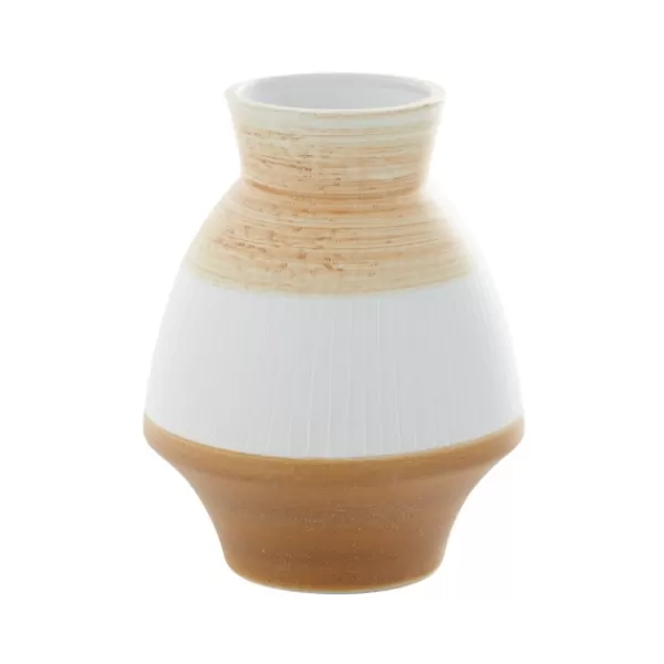 Vases-Kirkland's Home Tan And White Striped Coastal Ceramic Vase, 9 In. Tan/White