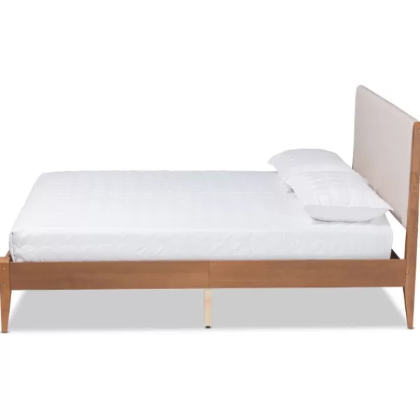 Beds & Headboards-Kirkland's Home Tan Upholstered Brown Wood King Platform Bed Brown/Tan