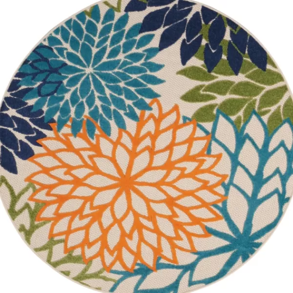 Outdoor Rugs-Kirkland's Home Tangerine Floral Burst Round Outdoor Area Rug Orange/Blue/Green