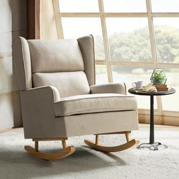 Accent Chairs-Kirkland's Home Taupe Upholstered Natural Base Wingback Rocker Tan