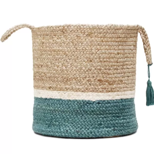 Baskets & Boxes-Kirkland's Home Teal Off White Woven Basket With Tassel, 17 In. Blue/Tan