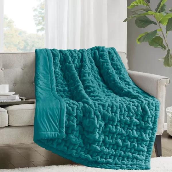 Blankets & Throws-Kirkland's Home Teal Ruched Faux Fur Throw Blue