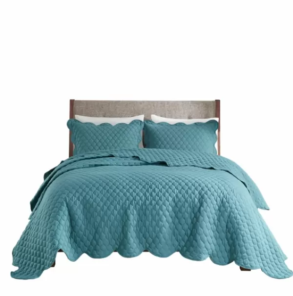 Quilts-Kirkland's Home Teal Scalloped Crinkle 3-Pc. Cali King Quilt Set Blue