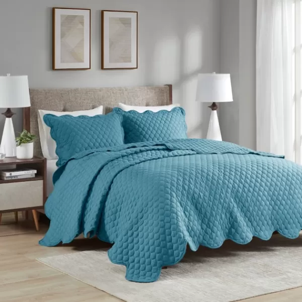 Quilts-Kirkland's Home Teal Scalloped Crinkle 3-Pc. Cali King Quilt Set Blue