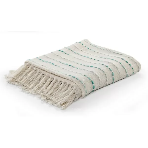 Blankets & Throws-Kirkland's Home Teal Shimmer Stripe Woven Throw Blue/White/Tan