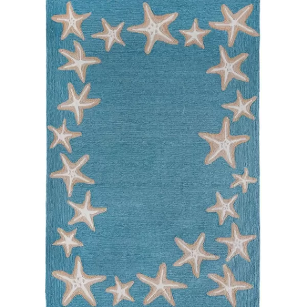 Outdoor Rugs-Kirkland's Home Teal Starfish Border Outdoor Area Rug, 5X7 Blue/Tan/White