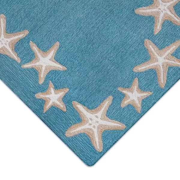 Outdoor Rugs-Kirkland's Home Teal Starfish Border Outdoor Area Rug, 5X7 Blue/Tan/White