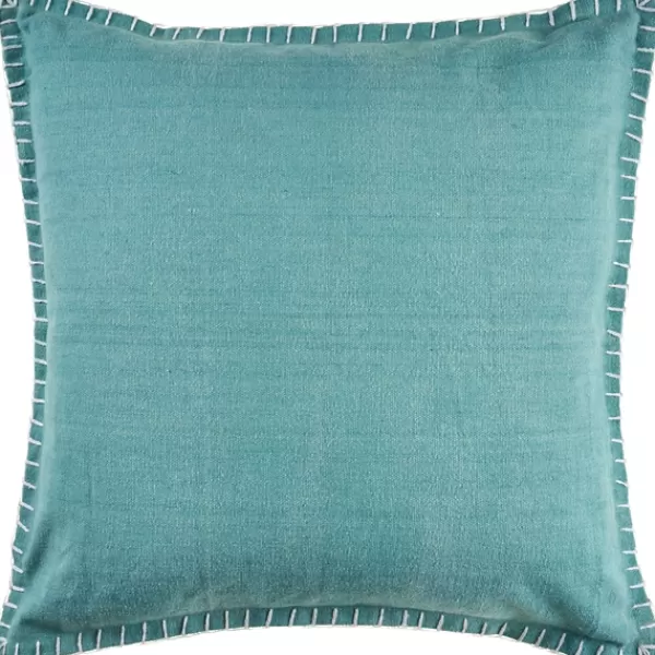 Pillows-Kirkland's Home Teal With Embroidered Edge Pillow, 24 In. Blue