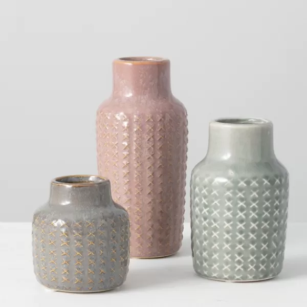 Vases-Kirkland's Home Textured Ceramic Vases, Set Of 3 Pink/Green/Gray