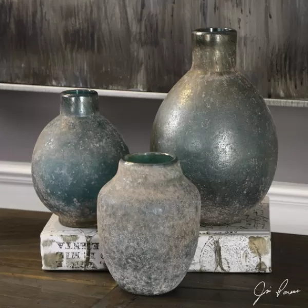 Vases-Kirkland's Home Textured Rust Ivory Glazed Vases, Set Of 3 Gray/Blue