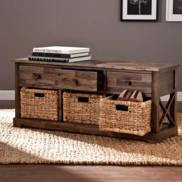 Entryway Furniture-Kirkland's Home Tommy Wood And Woven Baskets Storage Bench Brown