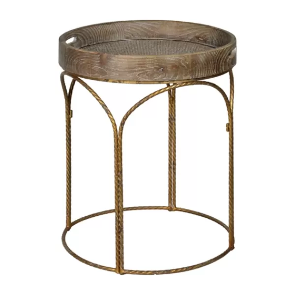 Accent & End Tables-Kirkland's Home Tray Top Wood And Gold Metal Accent Table Tan/Gold