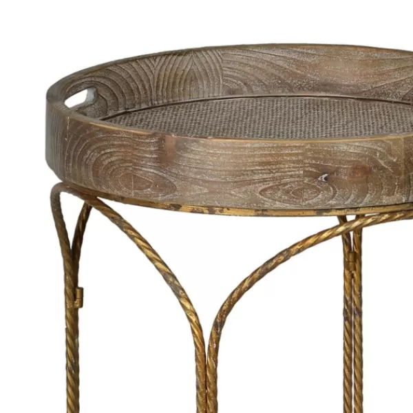 Accent & End Tables-Kirkland's Home Tray Top Wood And Gold Metal Accent Table Tan/Gold