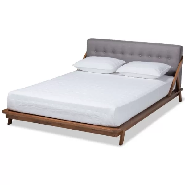 Beds & Headboards-Kirkland's Home Tufted And Natural Walnut King Platform Bed Gray