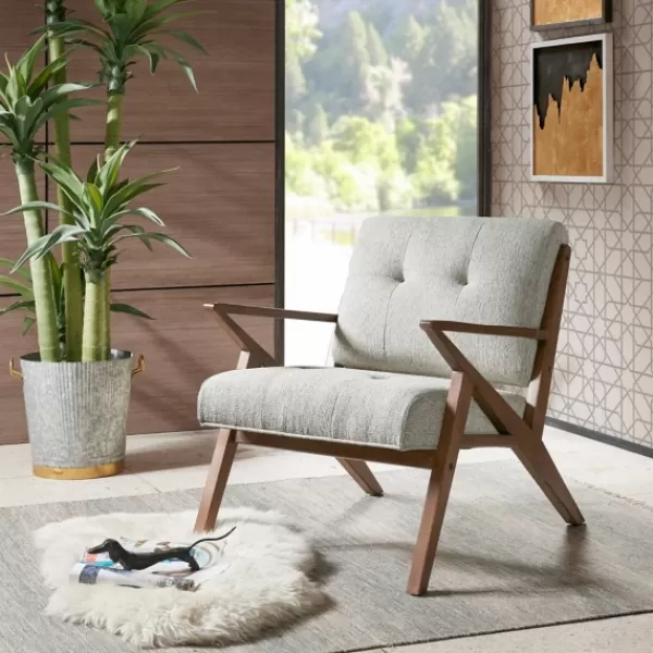 Accent Chairs-Kirkland's Home Tufted Pecan Wood Mid-Century Modern Armchair Gray