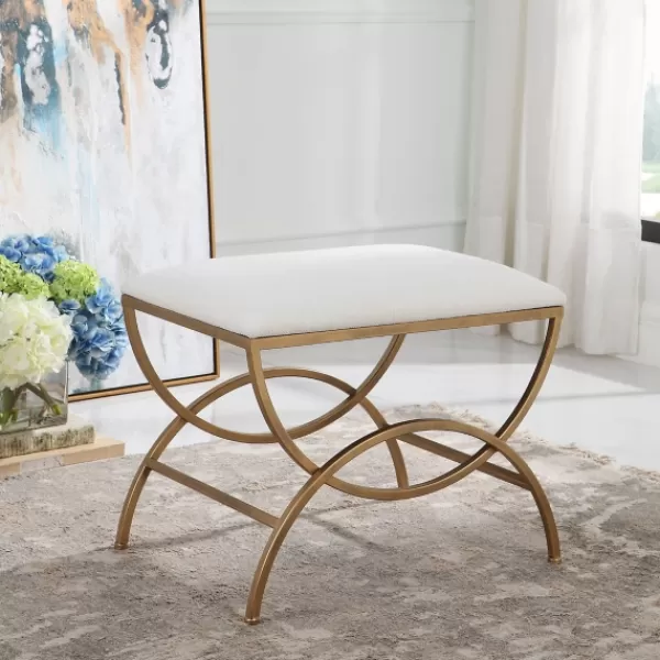 Benches & Ottomans-Kirkland's Home Upholstered Gold Metal Arched Frame Bench White