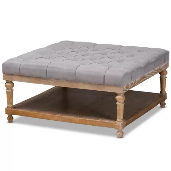 Benches & Ottomans-Kirkland's Home Upholstered Linen Tufted Ottoman With Shelf Gray