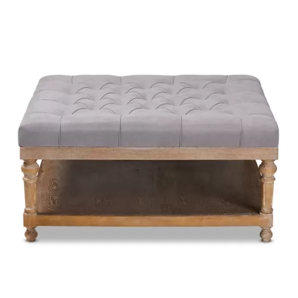 Benches & Ottomans-Kirkland's Home Upholstered Linen Tufted Ottoman With Shelf Gray