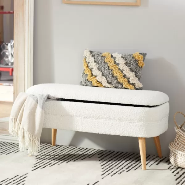 Benches & Ottomans-Kirkland's Home Upholstered Wood Leg Storage Bench Ivory