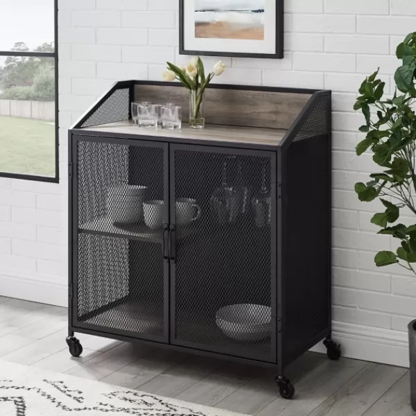 Cabinets & Sideboards-Kirkland's Home Urban Mesh Door Rolling Bar Cabinet Gray