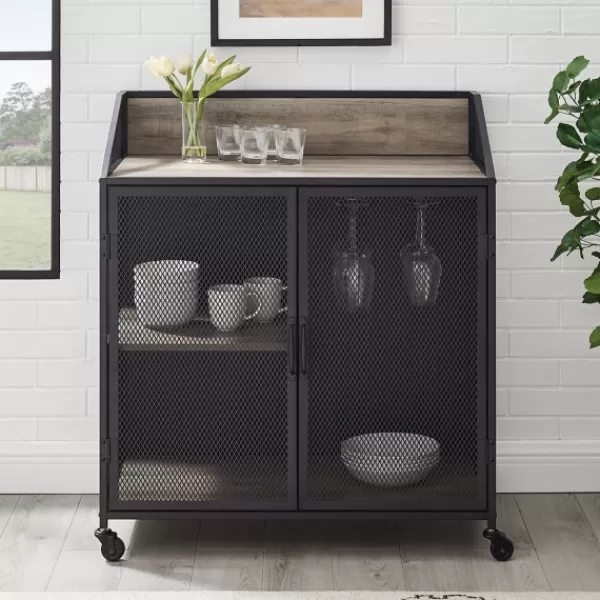 Cabinets & Sideboards-Kirkland's Home Urban Mesh Door Rolling Bar Cabinet Gray