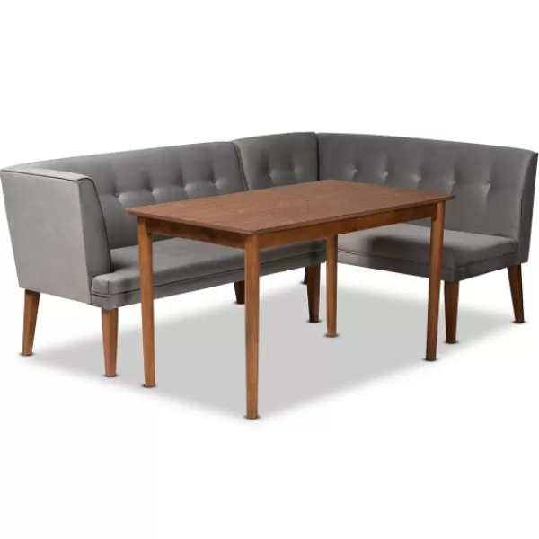 Dining Sets-Kirkland's Home Velvet And Walnut Bench 4-Pc. Dining Set Gray