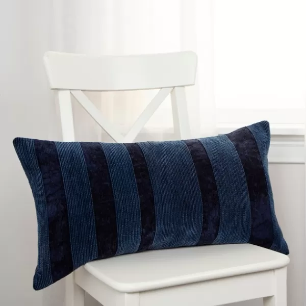 Pillows-Kirkland's Home Velvet Navy Monochrome Stripe Lumbar Pillow Blue